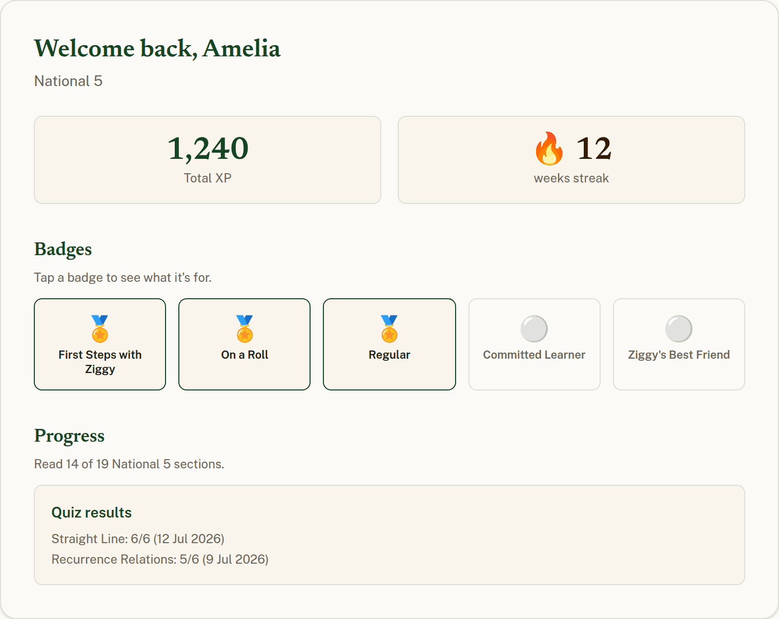 A preview of a learner's Den dashboard, showing XP, streak, badges and progress